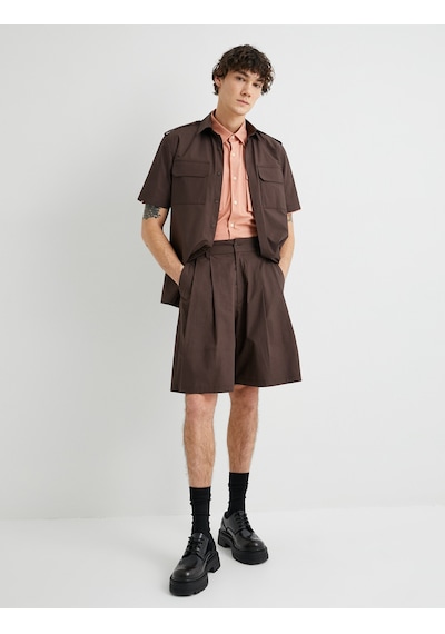 Koton Kumaş Şort Oversize Pileli Chino Düğmeli Cep Detaylı Kahverengi 4sam40179hw Kahverengi