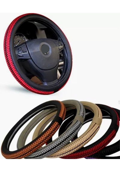 Geçmeli Direksiyon Kılıfı Hasır Örgülü Oto Direksiyon Kılıfı 37-38cm Gri