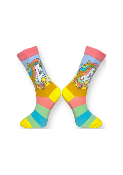 Me-vo 3'lü Unısex Unicorn Tasarımlı Gökkuşağı Ve Yıldız Detaylı Esnek Nem Alabilen Pamuklu Spor Soket Çoraplar Çok Renkli