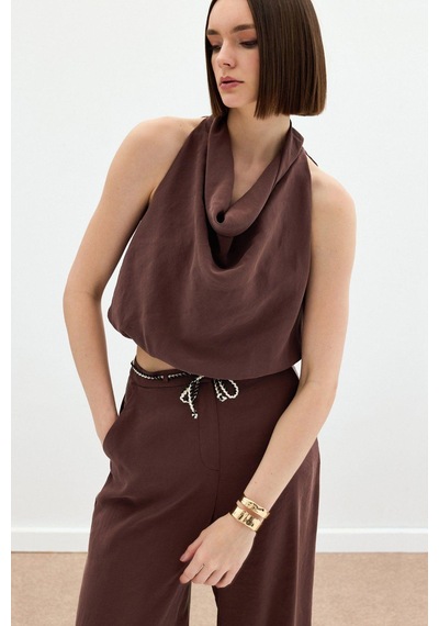 Sateen Degaje Yaka Bluz - Kahve Kahve