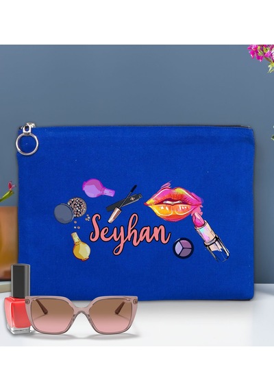 Bk Gift Kişiye Özel İsimli-4 Astarlı Mavi Portföy Çanta 30x21cm, Baskılı El Çantası, Organizer Çanta
