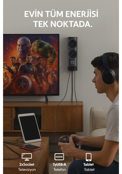 6in1 67w Gan Akıllı Priz 3a Hızlı Şarjlı Masaüstü Çoklu Şarj İstasyonu 3 Type-c + 1 Usb + 2 Acpriz