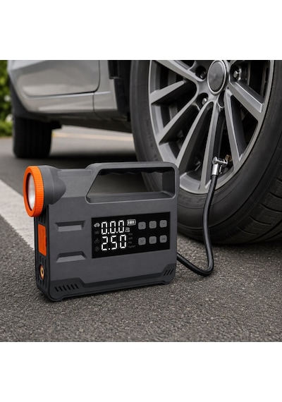 Auhma A9933 4'ü 1 Arada Akü Takviye 12.000 Mah Şarjlı Hava Pompası Powerbank & Dijital Fener