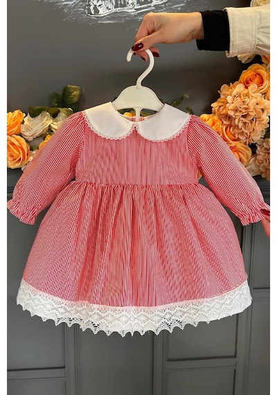 Bebe Yaka Dantel Detaylı Çiçekli Kız Çocuk Bebek Pamuklu Elbise 3 Renk 001