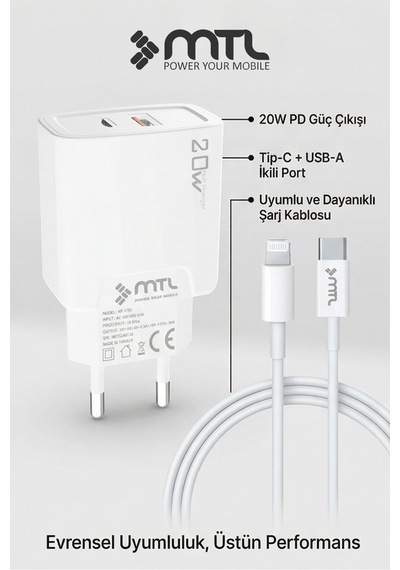 20w Ultra Hızlı Çift Çıkış Type-c + Usb Adaptör + Type-c To Apple Uyumlu iPhone Lightning Kablo Şarj Seti Mt1750