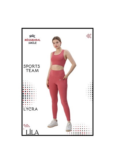 Missmaral Kadın Alt Üst Takım Fitness Pilates Koşu Sporcu Slim Fit Tayt Çift Cep Yüksek Bel Likralı Gül 3065 Gül Kurusu