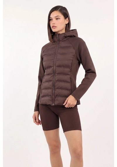 CEMO Kapüşonlu Softshell Kollu Şişme Kadın Mont Kahverengi