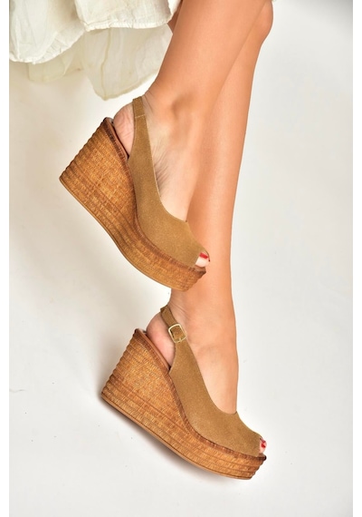 Fox Shoes Y996553502 Taba Süet Dolgu Topuklu Kadın Ayakkabı Taba