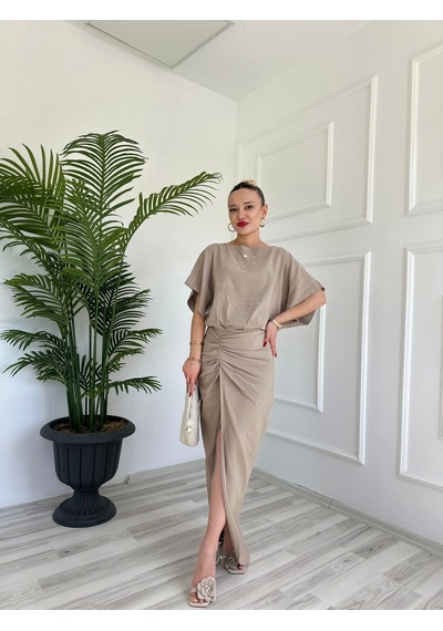 Keymoda Kadın Keten Elbise Vizon Vizon