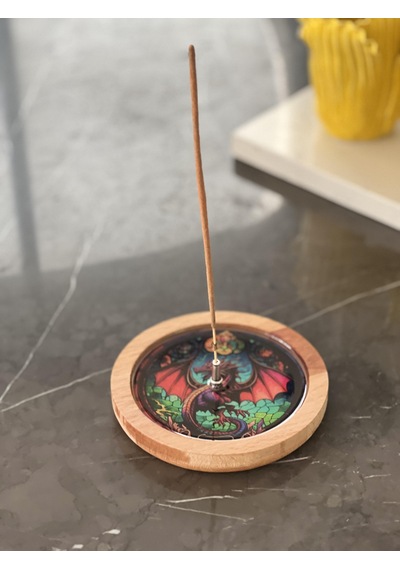 Ahşap Üzerine Epoksi Mandala Desenli Yuvarlak Tütsülük -12 Cm Çap- Ejderha/dragon