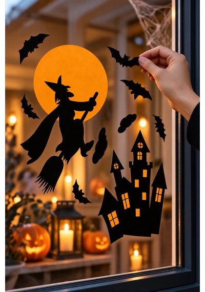 Halloween Yarasa Cadı Cam Sticker Seti Cadılar Bayramı Pencere Dekorasyonu Parti Aksesuarı Diğer