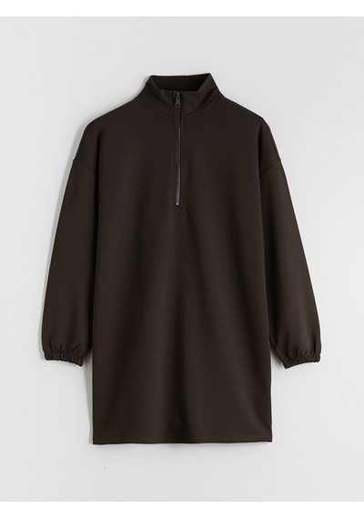 Lcw Modest Kahverengi Dik Yaka Oversize Kadın Sweatshirt Tunik