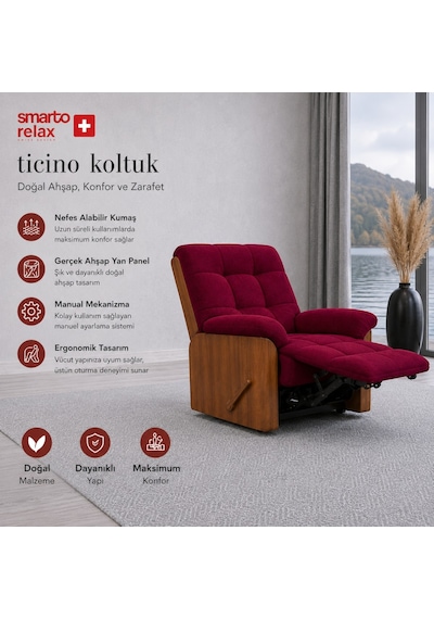 Smarto Relax Ticino Manuel Mekanizmalı Ayak Uzatmalı Ahşap Yan Panelli Polyester Tv Koltuğu Baba Koltuğu Bordo