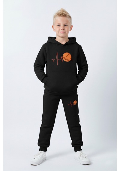 Fyk Kids 3 İplik Şardonlu Kışlık Nabız Basketbol Baskılı Kanguru Cepli Kapüşonlu Erkek Çocuk Eşofman Takımı Siyah