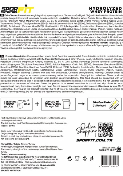 Sporfit Nutrition Hydrowhey Protein Tozu 900 Gr 30 Servis Çilekli Pasta + 3 Milyar Probiyotik + Shaker + Protein Kahve Hediyeli çilek