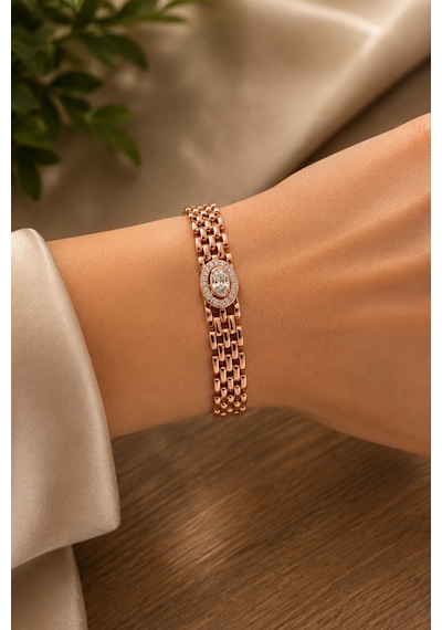 Sertifikalı 316l Çelik Rose Gold Oval Zirkon Taşlı Premium Kadın Bileklik Altın
