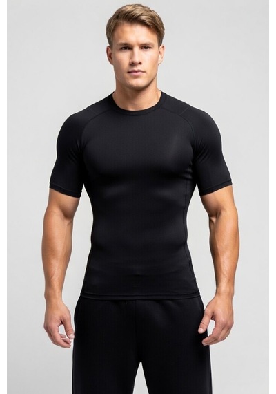 Premium Siyah Kısa Kol Compression Erkek T-shirt Spor Gym Fitness Boks Kickboks Tişört Siyah