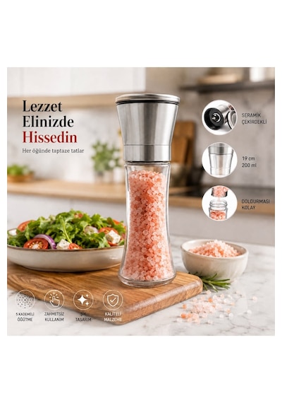 Seramik Öğütücülü 5 Kademe Ayarlı Tuz Ve Karabiber El Değirmeni - 200 Ml Şeffaf Cam Hazne 18 Cm