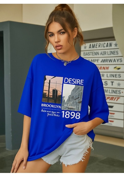 Brooklyn Baskılı Unisex Tişört Saks Mavisi