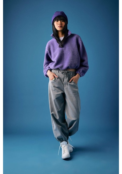 Defacto Coool Oversize Fermuarlı Dik Yaka Basic Düz Pelüş Sweatshirt B9836AX23WNPR262 Mor