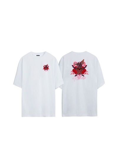 Thewert Unisex Kafatası Ve Güveler Samuray Kılıcı Ön Arka Baskılı Beyaz Oversize T-shirt