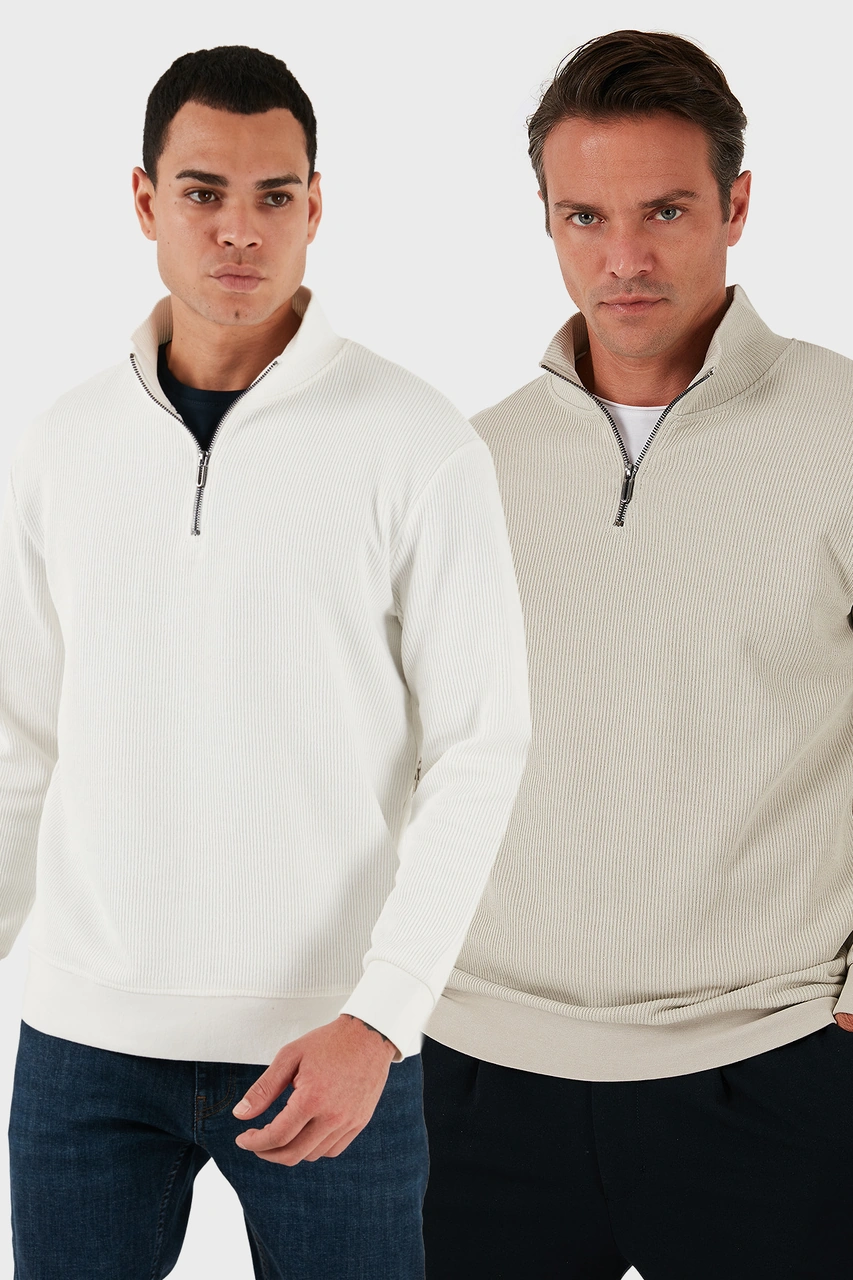 Buratti Pamuklu Regular Fit Yarım Fermuarlı Dik Yaka 2'Li Paket Erkek Sweat 5905716S2 Ekru-Taş