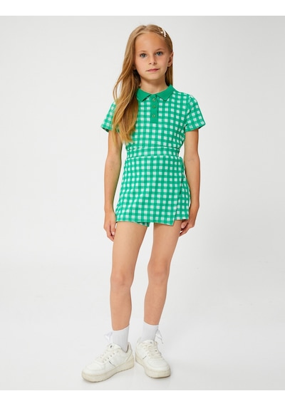 Koton Polo Tişört Crop Kısa Kollu Düğme Detaylı Dar Kalıp Yeşil Ekose 3skg10134ak 3SKG10134AK7C9 Yeşil