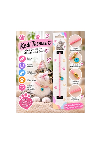 Kedi Tasması Pembe Boncuklu Nazar Detaylı Ayarlanabilir Boyun Tasması