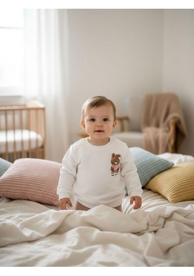 Zekids Kız Bebek Pamuklu Punch Tavşan Nakışlı Sweatshirt-16336 Beyaz
