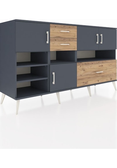Kronos Konsol 7 Raflı 3 Çekmeceli 4 Kapaklı 176x59x99 Antrasit-an Antrasit-antrasit/çam