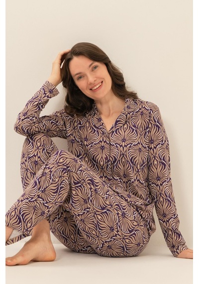 Arnetta Kadın Çiçek Desenli Kahverengi Gömlek Pijama Takımı Ar3771-s-v1 Ar3771-s-v1