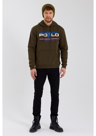 Polostate Erkek Kapüşonlu Baskılı 3 İplik Sweatshirt Haki