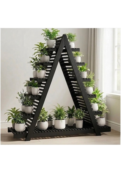 Ahşap A Formlu Dekoratif Çiçeklik Standı - 150x150 Cm Geniş Saksı Rafı Siyah
