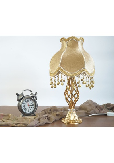 Gold İpek Kadife Kaplı İnci Şerit Süsleme Gece Lambası Abajur Vintage Model 55x30cm Ab0004p Gold
