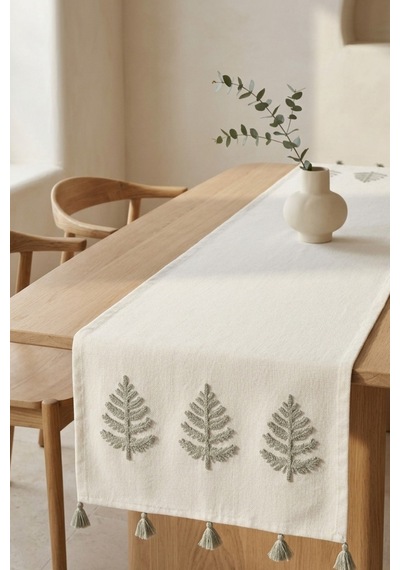 Hayat Ağacı Nakışlı Püsküllü Buldan İşi Pamuk Runner Masa Örtüsü 40x130 Cm Yeşil