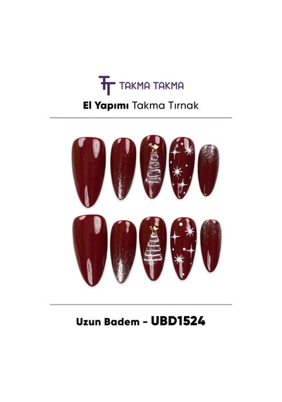 10'lu Bordo Uzun Badem Ubd1524 Tekrar Kullanılabilir El Yapımı Protez Takma Tırnak M