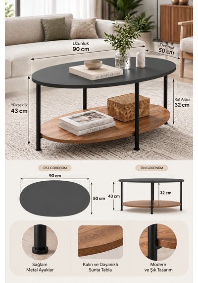 Oval Orta Sehpa 90 Cm İki Katlı Raflı Metal Ayaklı Modern Dekoratif Salon Sehpası Antrasit - Ceviz Oval Orta Sehpa 90 Cm İki Katlı Raflı Metal Ayaklı Modern Dekoratif Salon Sehpası Antrasit - Ceviz