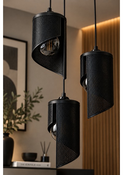 3'lü Spiral Sarkıt Avize Modern Dekoratif Salon Yemek Masası 3 Rustik Led Ampul Hediyeli Siyah