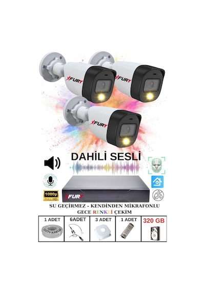 Fury 3 Lü Sesli Gece Renkli Görüş Güvenlik Kamerası Su Geçirmez Güvenlik Kamerası Seti 320gb