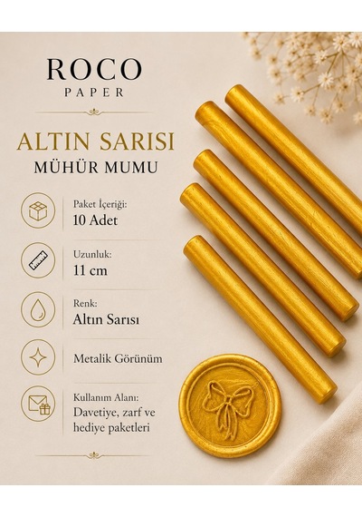 Silindir Mühür Mumu Parlak Altın, 10 Adet - 11 Cm, Zarf Ve Daveti Diğer