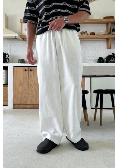 Flaw Bel Lastikli Keten Baggy Pantolon Beyaz Beyaz