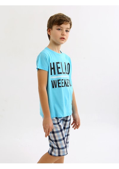 Vitmo Erkek Çocuk Kısa Kollu Kapri %100 Pamuklu Pijama Takımı Hello Weekend Turkuaz
