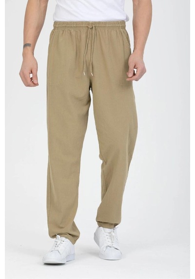 Baw Company Unisex Ince Yazlık Beli Lastikli Kordonlu Keten %100 Pamuklu Kumaş Pantolon Pijama Bej