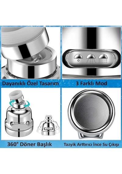 Zethome Su Tasarruflu 3 Fonksiyonlu Krom Mutfak Lavabo Başlığı 360 Derece Döner Ayarlanabilir