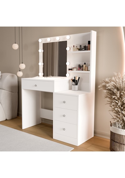 Robin Home Hollywood Makyaj Masası 4 Çekmeceli Düzenleyici Hollywood Led Işıklı Raflı Beyaz Robin Home Hollywood Makyaj Masası 4 Çekmeceli Düzenleyici Hollywood Led Işıklı Raflı Beyaz