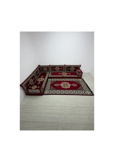 Güneş Modeli Bordo Otantik Şark Köşesi Takımı L Set - Geleneksel Yer Minderi Seti 10 Cm Minder Kalınlığı 10 Parça