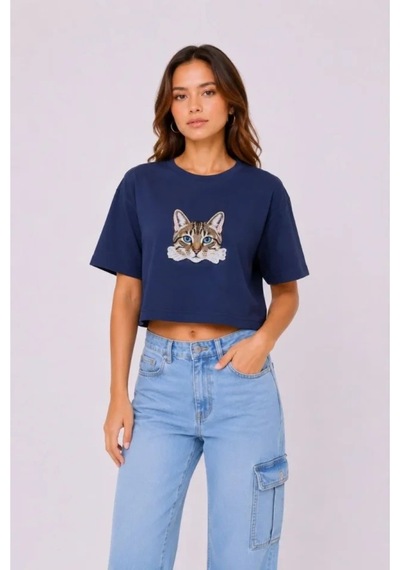 Butik İstanbul Kedi Baskılı Oversize Crop Tişört Salaş Basic Yarım Kol T-shirt - Lacivert Butik İstanbul Kedi Baskılı Oversize Crop Tişört Salaş Basic Yarım Kol T-shirt - Lacivert