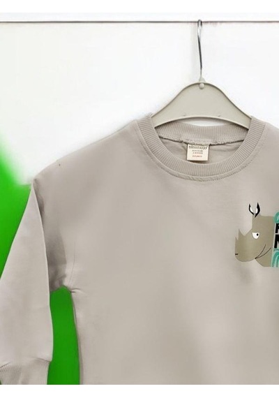 Zekids Erkek Çocuk Cool Rhino Baskılı Pamuklu Sweatshirt-14202 Taş