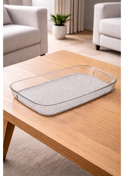 Kırılmaz Şeffaf Tepsi Dikdörtgen Büyük Boy Sunum Tepsisi Modern Servis Tepsisi 44x30cm Şeffaf