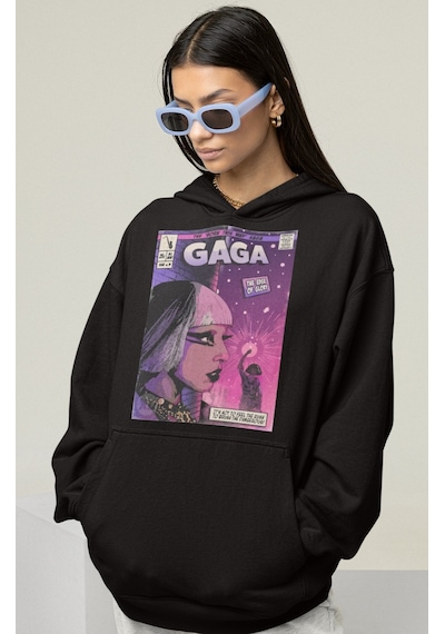 Sevbano Tasarım Lady Gaga Baskılı Unisex Oversize Şarkıcı Hoodie Siyah